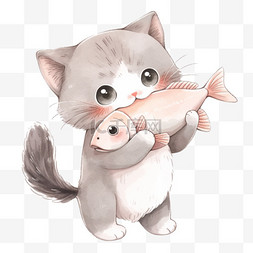 可爱吃鱼小猫卡通手绘元素