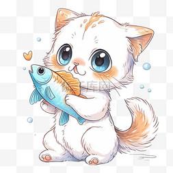 白色的小猫图片_可爱小猫吃鱼卡通手绘元素