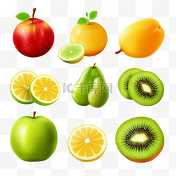 素食营养与健康图片_各种水果的逼真设置与橙色猕猴桃