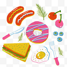 卡通美食甜甜圈图片_丝网印刷风格餐饮早餐贴纸装饰