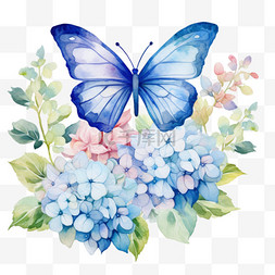 水彩蓝色鲜花蝴蝶免扣元素