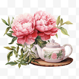 鲜花素材图片_水彩美丽粉色鲜花茶壶免扣元素
