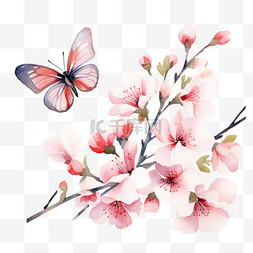 蝴蝶鲜花手绘图片_水彩鲜花粉色蝴蝶免扣元素