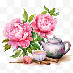 鲜花素材图片_水彩粉色鲜花茶壶免扣元素