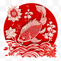 鲤鱼莲花红色剪纸造型