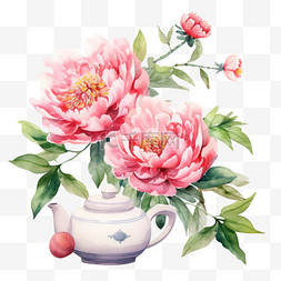 水彩美观粉色鲜花茶壶免扣元素