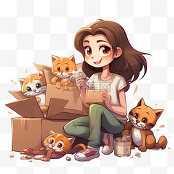 卡通搬家图片_可爱的女孩带着猫把货物装进盒子