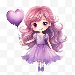 紫色小公主图片_水彩手拿气球紫色小公主免扣元素