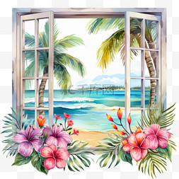 水彩鲜花海边窗户美景免扣元素