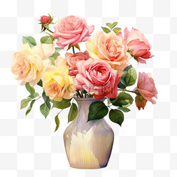 花朵手绘粉色图片_水彩黄色粉色鲜花花瓶免扣元素