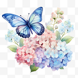 蓝色蝴蝶水彩图片_水彩浅色美丽鲜花蓝色蝴蝶免扣元