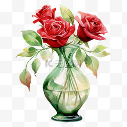 水彩红玫瑰鲜花花瓶免扣元素