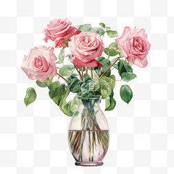 花瓶免扣素材图片_水彩粉色玫瑰鲜花花瓶免扣元素