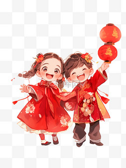 放烟花手绘图片_新年放烟花爆竹的人物红色系手绘