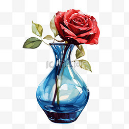 免扣花瓶图片_水彩玫瑰鲜花蓝色玻璃花瓶免扣元