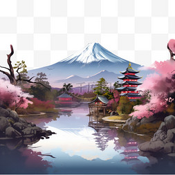 山水风景手绘图片_日本樱花富士山风景手绘AI免扣装