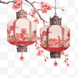 手绘花朵灯笼图片_水彩春节精致鲜花灯笼免扣元素