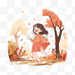 秋天手绘树图片_秋天开心的女孩卡通手绘元素