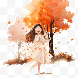 秋天的落叶手绘图片_秋天卡通落叶女孩元素手绘