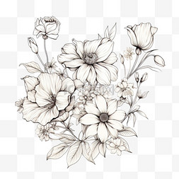 手绘黑白线稿图片_黑白手绘线条花朵立体免扣元素装