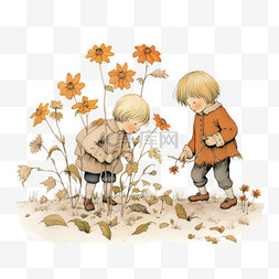 两个小孩卡通花卉童话手绘立体免