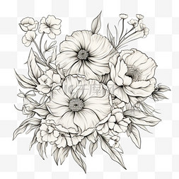 黑白线条花束花朵立体免扣元素装