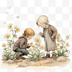 花卉免扣png图片_两个小孩卡通花卉玩耍手绘立体免