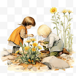 两个小孩草地花卉童话手绘立体免