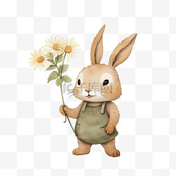 黄色背心图片_黄色兔子绿色背心拿着花朵元素立