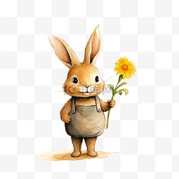黄色背心图片_黄色兔子背心拿着花朵微笑元素立