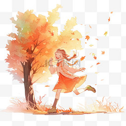 秋天的树林卡通图片_奔跑的孩子秋天元素手绘