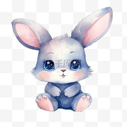 手绘兔子水彩图片_水彩简约可爱蓝色兔子动物免扣元