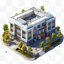 立体学校建筑蓝色校园地图建模