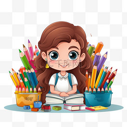 卡通可爱女生在学校上课文具装饰