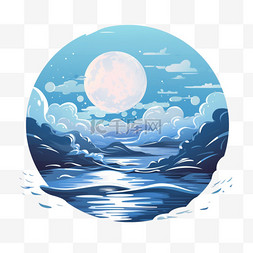 海水天空图片_月圆之夜海洋卡通插图1