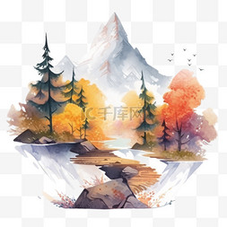 潺潺小溪图片_秋天风景元素树木山峰小溪手绘