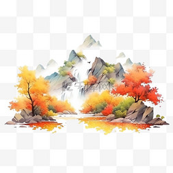 秋天风景树木山峰小溪元素手绘