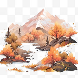 秋天风景树木山峰小溪元素手绘