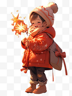 快乐的新年图片_冬天放烟花的小女孩卡通