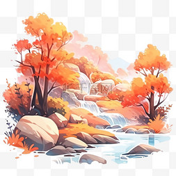 秋天风景树木山峰小溪手绘元素
