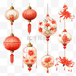节日几何装饰图片_中国风手绘多种灯笼色彩合集免扣