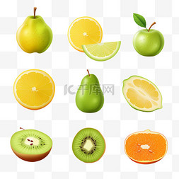 苹果零食图片_各种水果的逼真设置与橙色猕猴桃