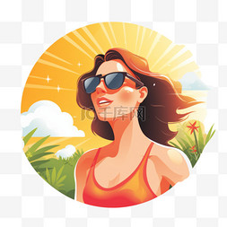汗流浃背的图片_平坦的夏日炎热插图，妇女在阳光