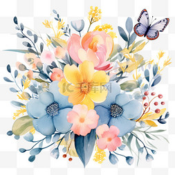 花边花框素材图片_水彩花束插图以蝴蝶腮红、粉蓝、
