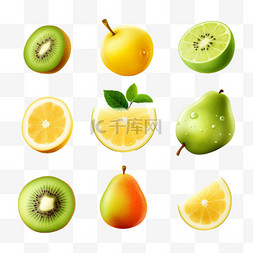 苹果零食图片_各种水果的逼真设置与橙色猕猴桃