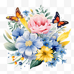 水彩花束插图以蝴蝶腮红、粉蓝、黄色、鲜花装饰元素为模板，白色背景上孤立的平面卡通插图