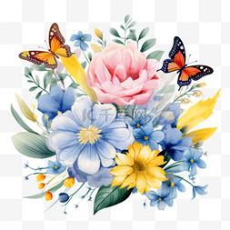黄色自然图片_水彩花束插图以蝴蝶腮红、粉蓝、