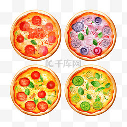 卡通美食图标背景图片_白色背景下分离的四个披萨的矢量