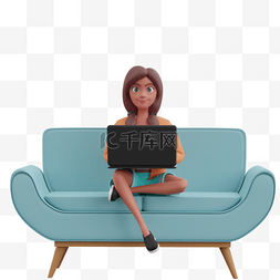 女性优雅地坐在沙发上使用电脑的