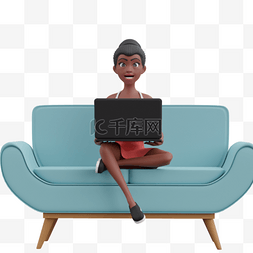 3D黑人女性使用电脑坐在帅气沙发